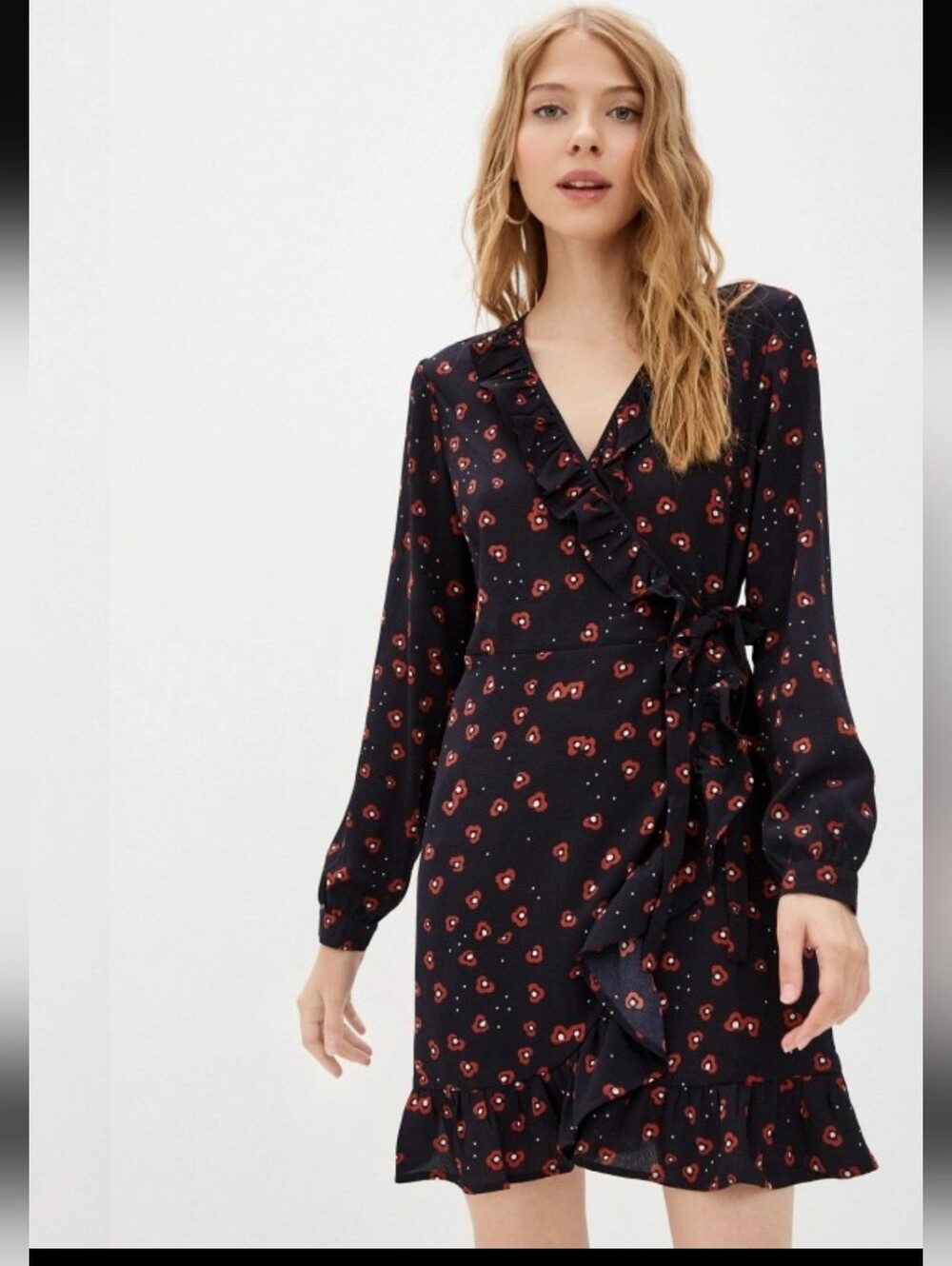 Only Navy Wrap Dress with Red Floral Print